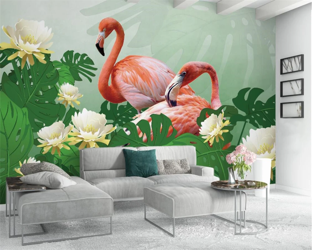 

beibehang papel de parede Custom Photo Wallpaper 3D Mural Nordic Simple Hand Painted Tropical Leaves Flamingo TV Background Wall