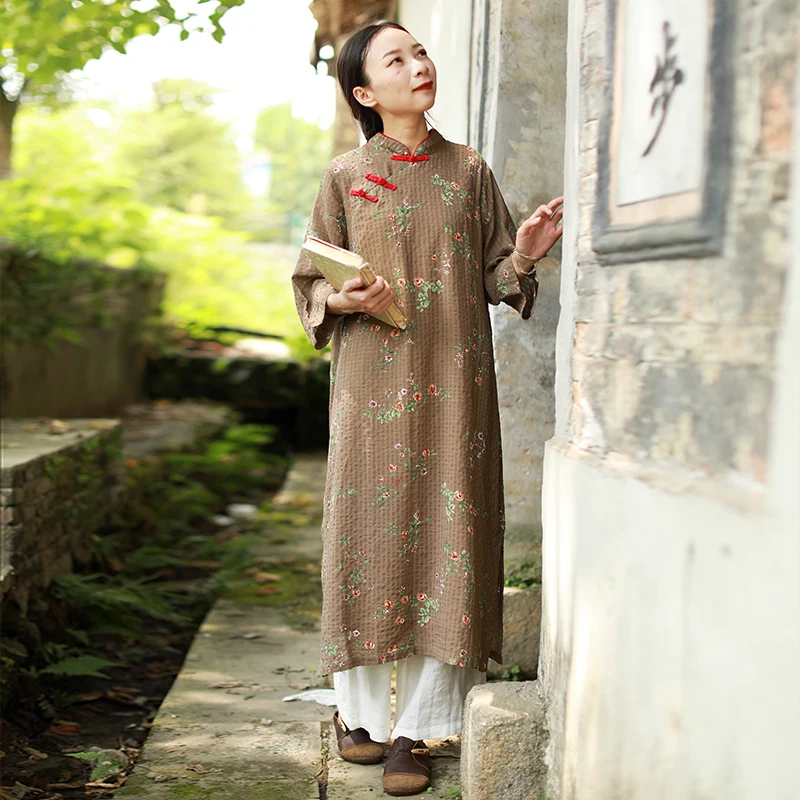 LZJN-Floral Dress for Women, 3/4 Sleeve, Mandarin Collar, Long Dress, Cotton Cheongsam, Qipao Vintage Robe, Spring and Autumn