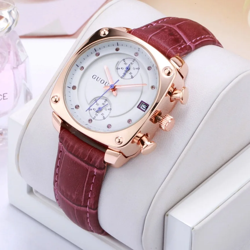 Fashion GUOU Brand Watch Luxury Crystal Rose Gold Women Watch Genuine Leather Ladies Auto Date Lady Hour Clock relogio feminino