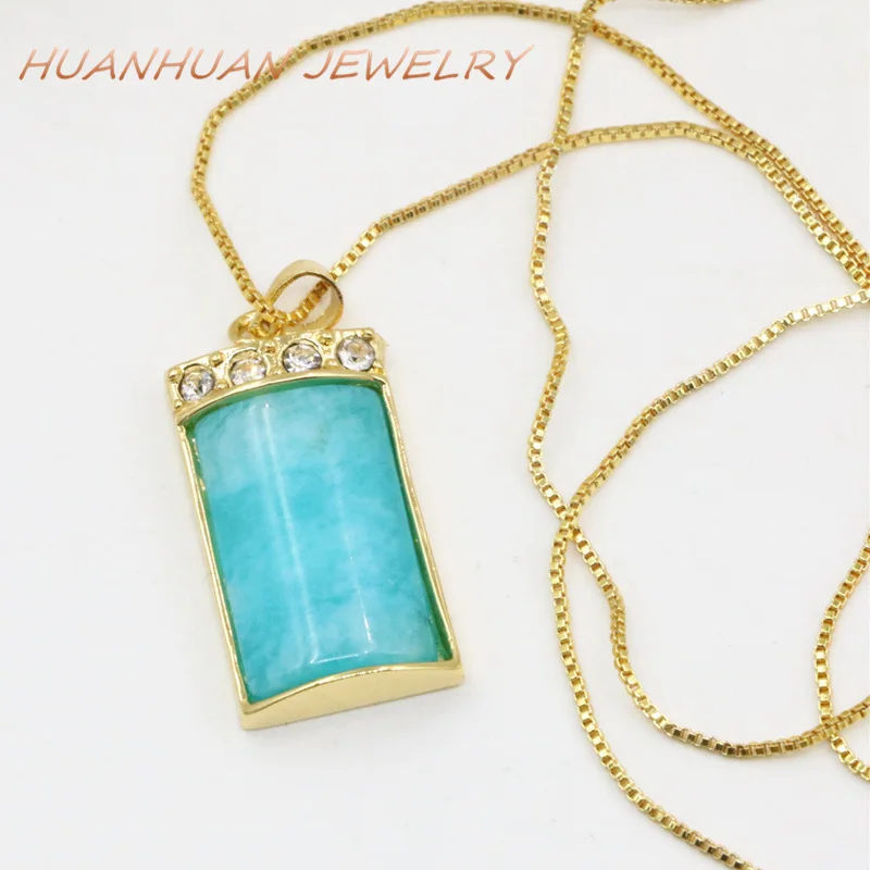 New Charms Blue Jades Stone Pendant Chain For Women Necklace & Pendants 14x25mm Stainless Steel Crystal Gold-Color Jewelry B3356