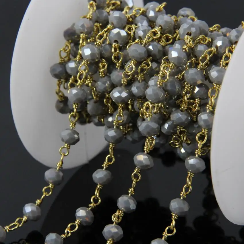 5Meters Titanium AB Grey Glass Faceted Rondelle Chains,Gold Plated Wire Wrapped Rosary style Chains loop Necklace Jewelry