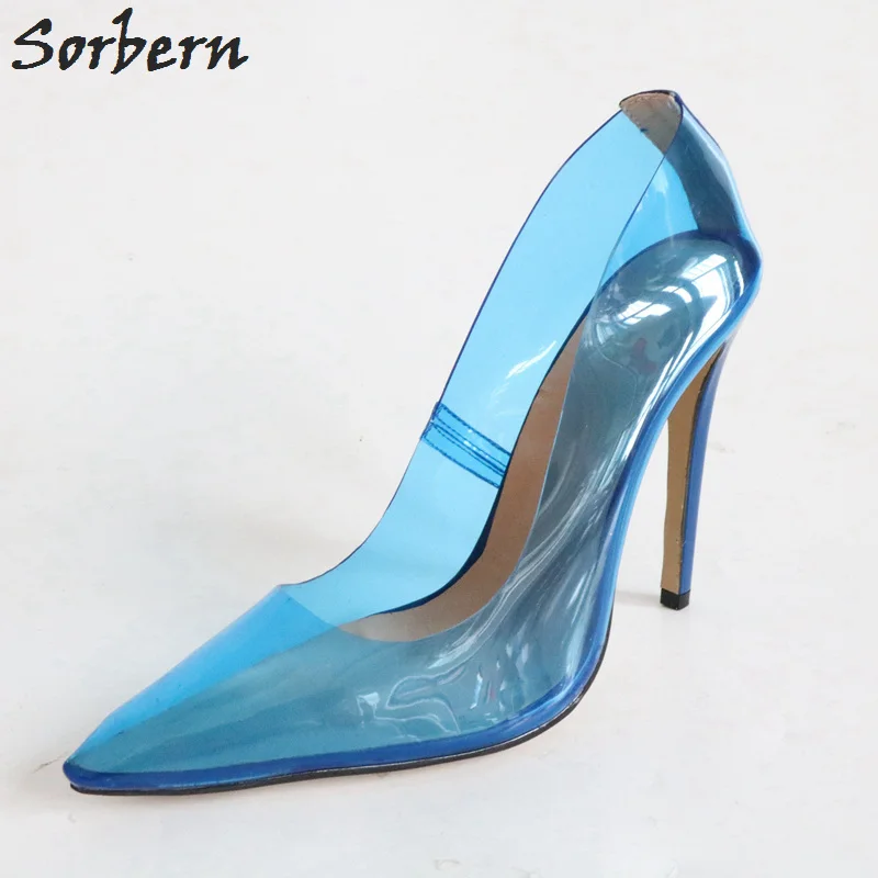 

Sorbern Blue Transparent Pvc Women Pumps Pointy Toes Slip On Shoes Ladies Stilettos Heels Summer Shoes Females Custom Colors