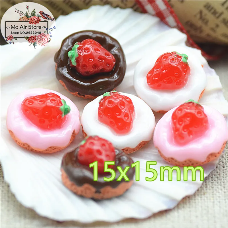 10pcs Strawberry fruit cake Resin Flat back Cabochon miniature food Art Supply Decoration Charm Craft DIY 16mm