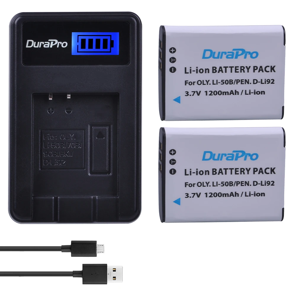 DuraPro 2pcs 1200mAh Li-50B D-LI92 Li 50B D LI92 Battery + LCD USB Charger for Olympus SP 810 800UZ u6010 u6020 u9010 SZ14