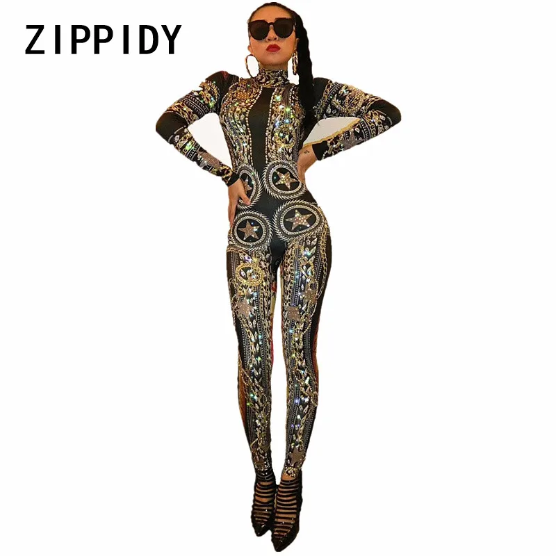 Glisten Rhinestones Pattern Printed Jumpsuit Women\'s Sexy Stretch Unique Bodysuit Costume Female Singer Dance Stage Wear