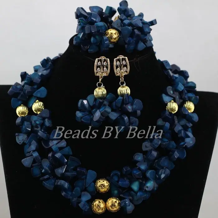 New Design Navy Blue Coral Beaded Necklace Set Fashion Costume Nigerian Wedding Bridal Jewelry Sets Free Shipping ABK670