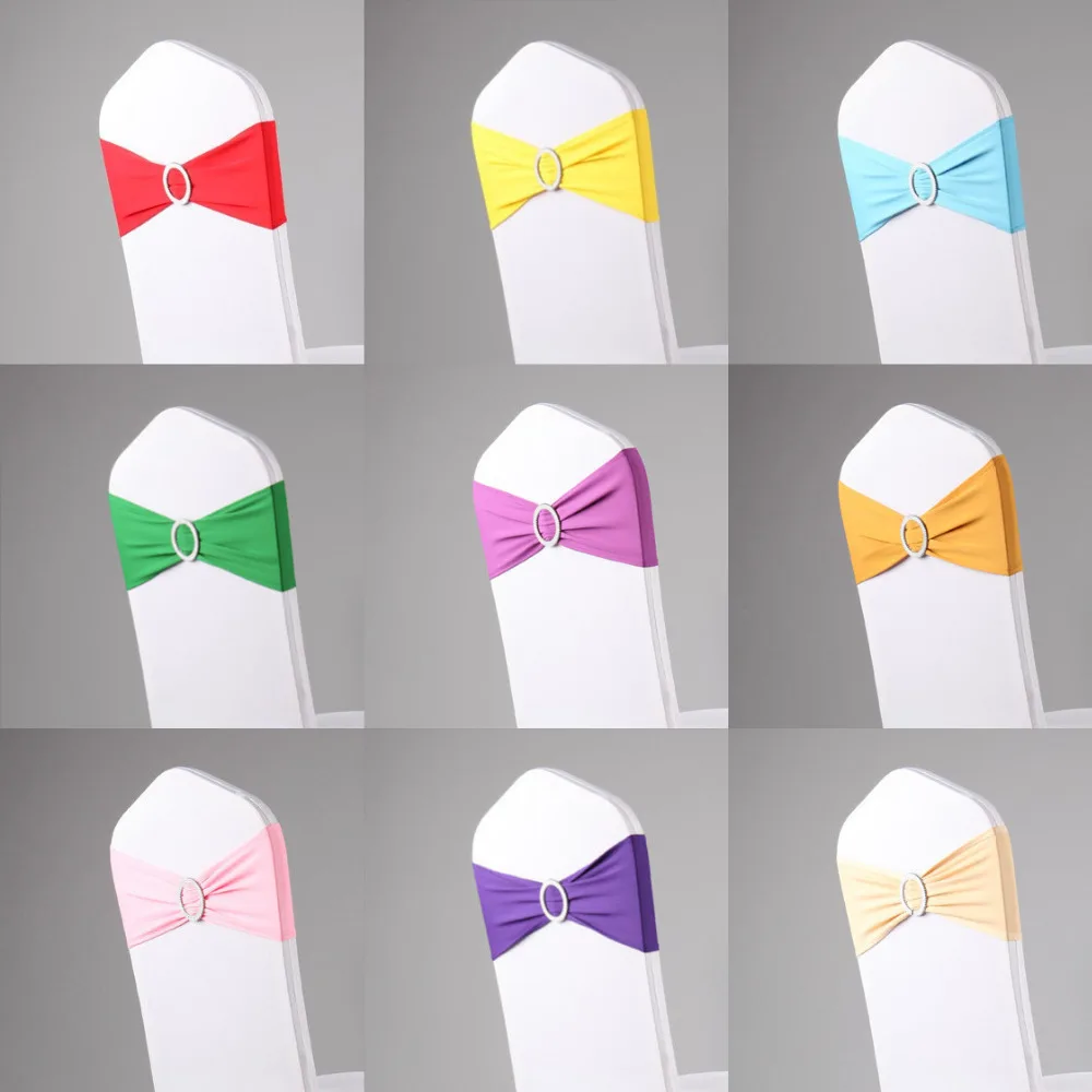 

Fast Shipping 15 x 35CM 100PCS Multi Color Lycra Spandex Chair Back Supplies Wedding Party Sash Band with Round Buckle Decor