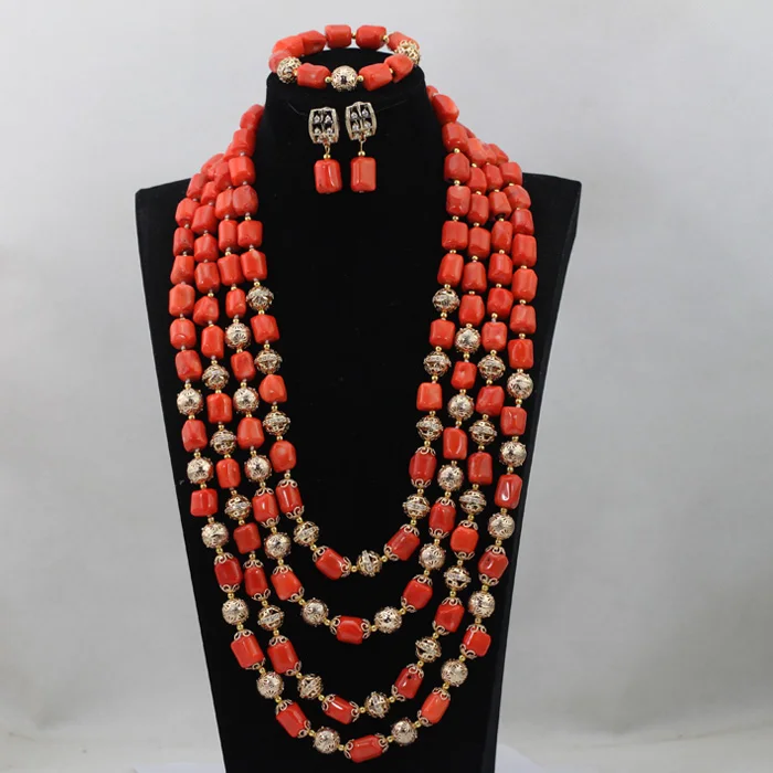 2017 Splendid Nigerian Coral Beads Necklace Jewelry Set 25inches 4 Layers Coral Wedding Bridal Jewellery Set Free ShippingABL783