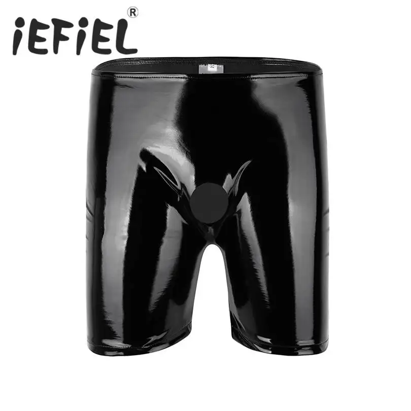 

iEFiEL Newest Black Sexy Gay Men Wear Erotic Lingerie Shiny Patent Leather Open Penis Hole Long Leg Boxer Short Panties Clubwear