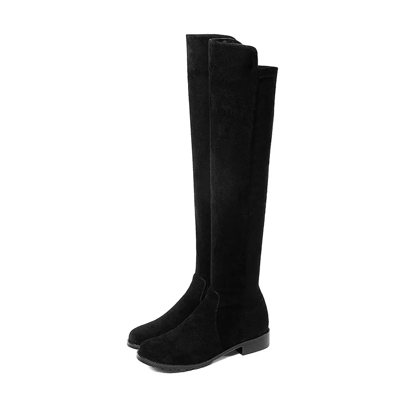 MoonMeek size 33-43 fashion autumn winter boots women round toe over the knee boots low heel stretch fabric+cow leather boots