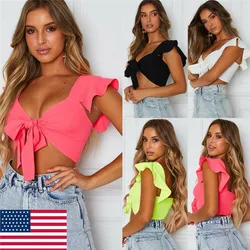 UK Women Short Sleeve Crop Top Front Knot Tie Ladies Casual Plain T-shirts