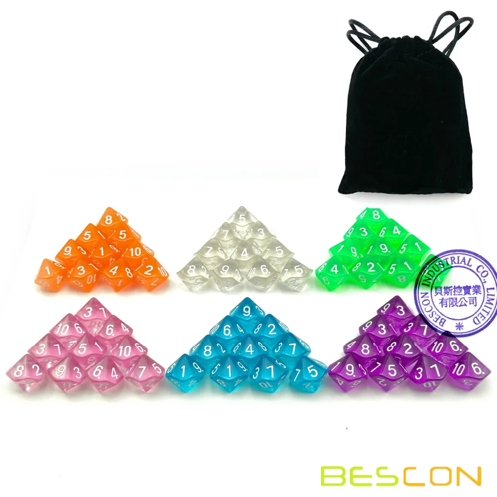 60pcs Assorted Colored Translucent D10 (1-10) Pack,6X10pcs 10 Sides Dice Transparent Polyhedral Dice D10 Set in Drawstring Pouch