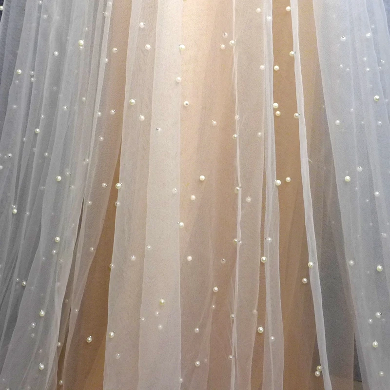 5yards Hot selling off white pearls on net mesh embroidery evening show dress lace fabric clothing decoration materials