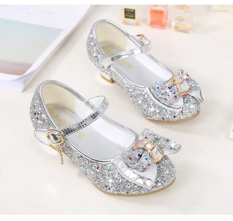 ULKNN Princess Kids Leather Shoes For Girls Flower Casual Glitter Children High Heel Girls Shoes Butterfly Knot Blue Pink Silver