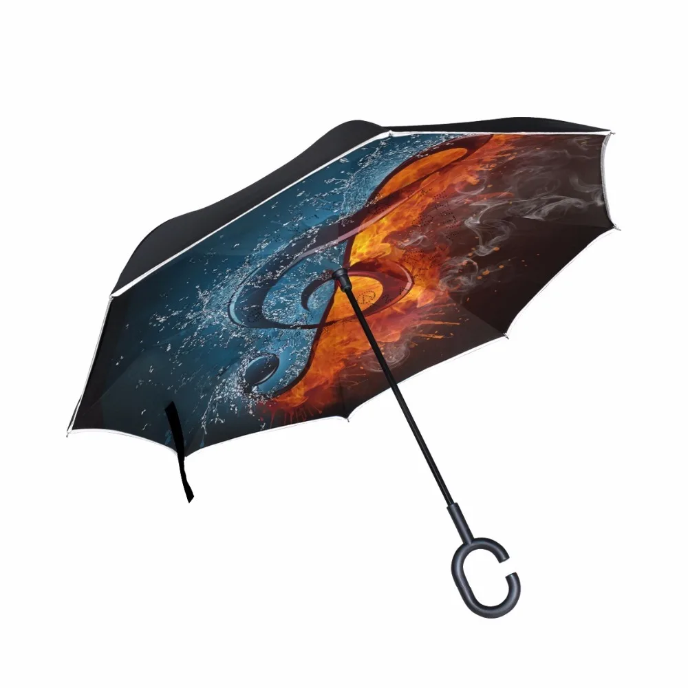 C-hook Reverse Umbrella Musical Note Printed Reverse Umbrellas Double Layer Inverted Paraguas Self Stand Umbrella for Women/ Men