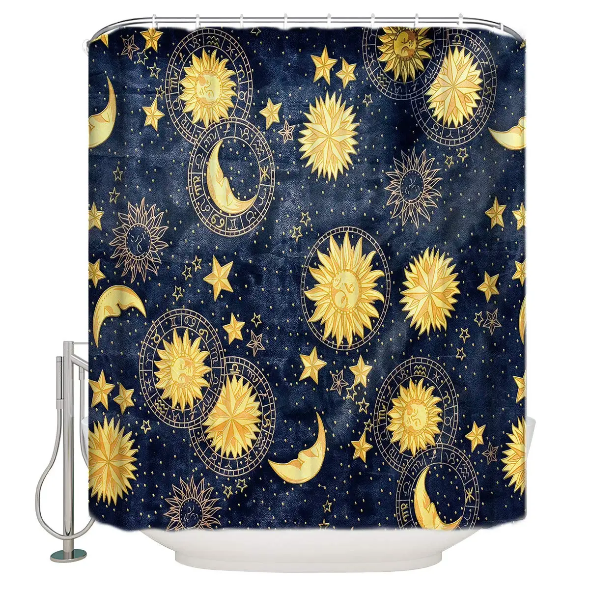 Meet 1998 Boho Chic Art Golden Sun Moon and Stars Over Blue Black Sky Waterproof Bathroom Fabric Shower Curtain