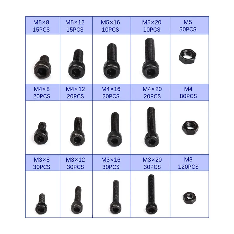 

500PCS/Set M3/M4/M5 Furniture Fastener Assorted Kit Black Carbon-Steel Cylinder Column Hex Hexagon Screw Set