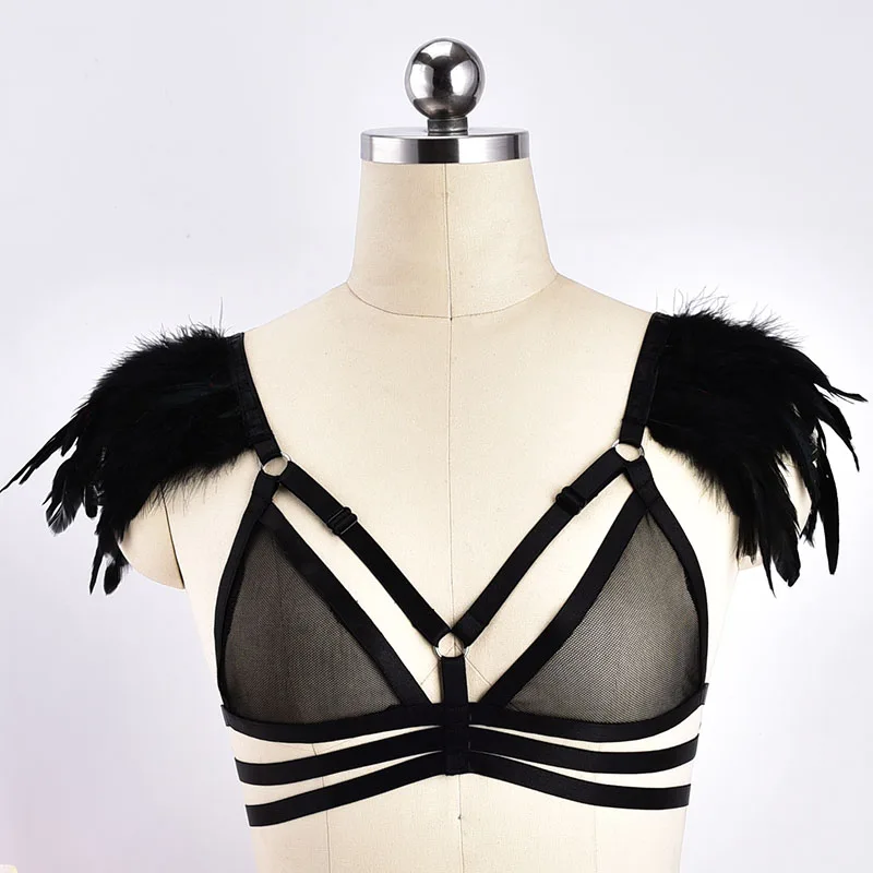 

Black Feather Body Harness Sexy Lace Body Cage Bralette 90s Crop Tops Bodysuit See Through Bondage Bra Gothic Cupless Underwear