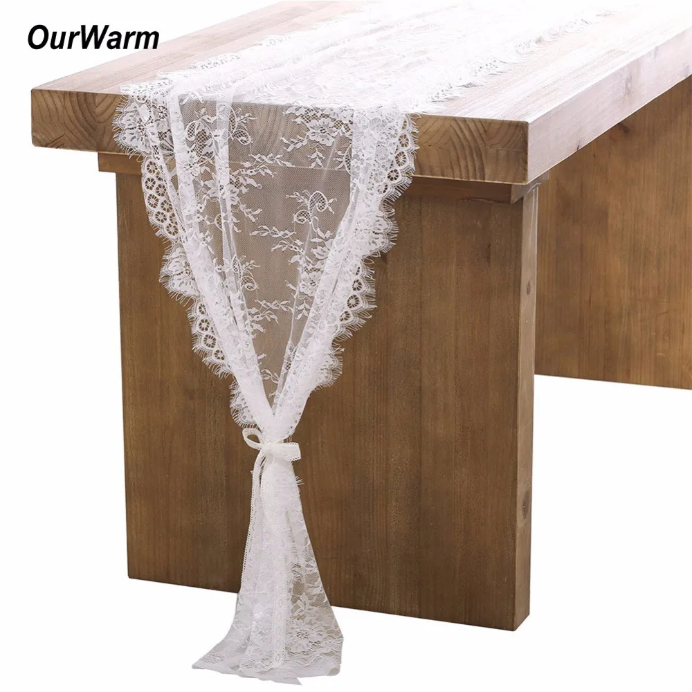 

OurWarm 10Pcs 70X300CM Table Runners for Wedding White Lace Fringe Edge Floral Table Runner Wedding Decoration Home Textile