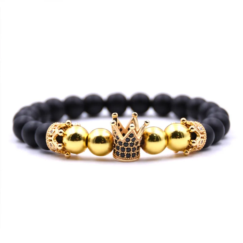 Ncrorcn Trendy Natuurlijke Kralen Streng Armband Micro Pave Zirkoon Black Lava Rock Steen Energie Mannen Crown Armbanden Sieraden