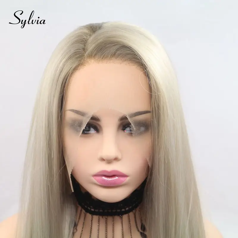 Sylvia Blonde Synthetic Lace Front Wigs With Brown Roots Long Silky Straight Wigs For Women Heat Resistant Fiber Side Parting