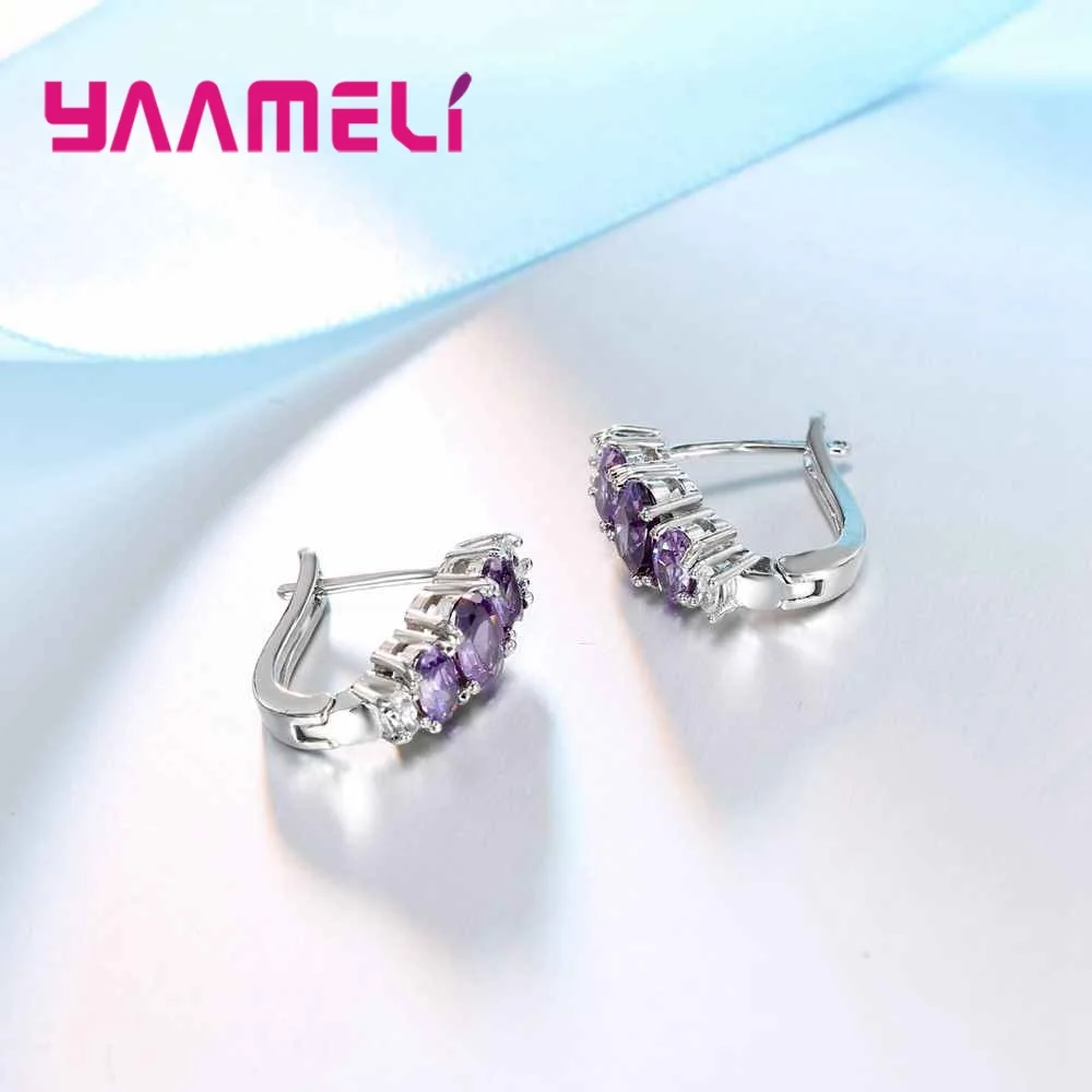 Romantic Luxury Style Purple Stone Embellished White Crystal 925 Sterling Silver Earrings Wedding Proposal Ceremony For Women