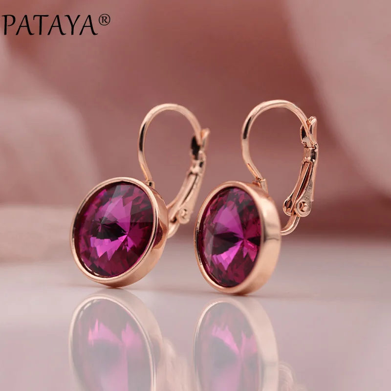 PATAYA 328 Anniversary 585 Rose Gold Color Round Crystal Dangle Earrings Women Wedding Party Luxury Fine Jewelry Accessories