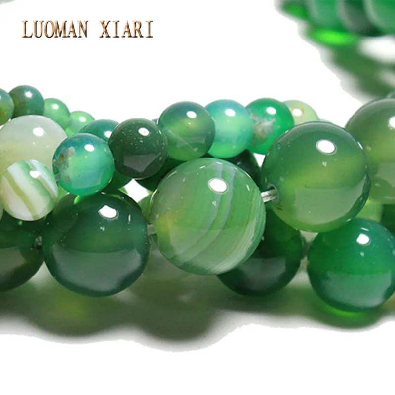 LUOMAN XIARI Round Natural Green striped Agate Stone Beads For Jewelry Making DIY Necklace Material 4/ 6/8/10/12mm Strand 15\'\'