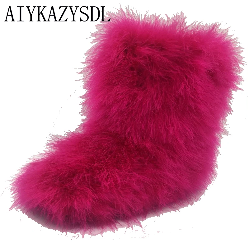 

AIYKAZYSDL Winter Women Snow Boots Genuine Real hairy Ostrich Feather furry Fur flats plush warm ski outdoor boots bootie shoes