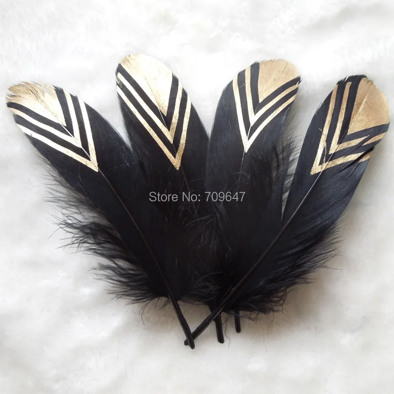 

Natural Black Goose Nagorie feathers with Gold Dipped Painting,real goose painted feathers 12-18cm long 50pcs/lot