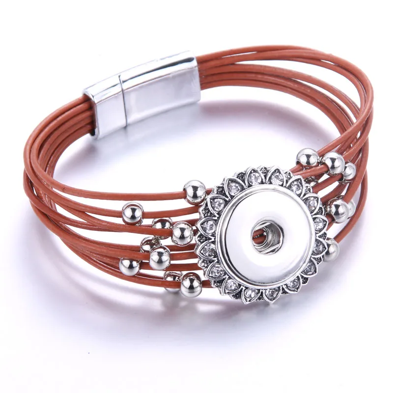 1PCS Mix 2 Colors Multi Magnet Buckle Rhinestone Snap Bracelet Hollow Genuine Leather Bangles Fit 18MM Snap Jewelry Women 8869