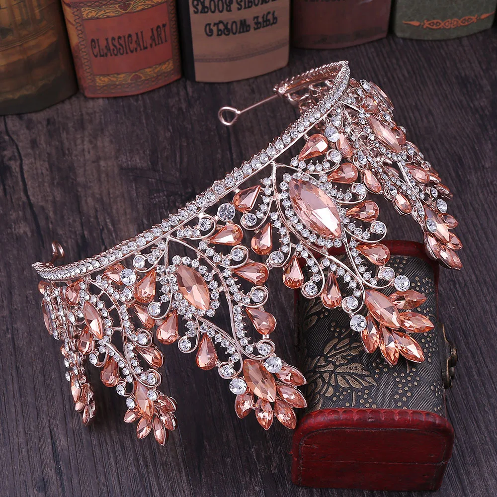 Baroque Rose Gold Color Crystal Bridal Tiaras Crowns Big Rhinestone Diadem Veil Tiara Bride Headbands Wedding Hair Accessories