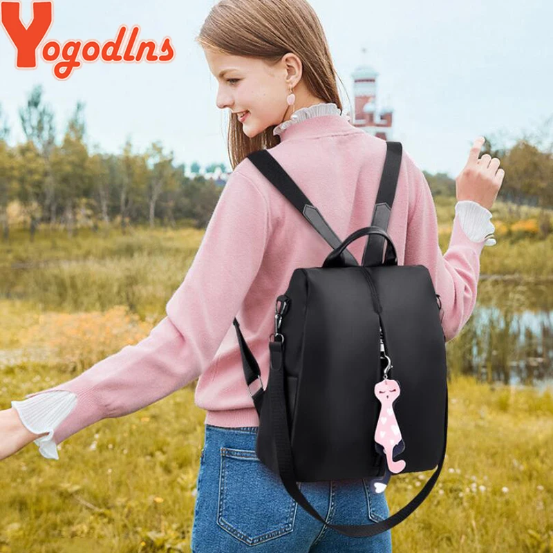 Yogodlns Women Backpack New Fashion Oxford Bag Solid Color Travel Backpack Ladies Small Backpack With Cat Pendant