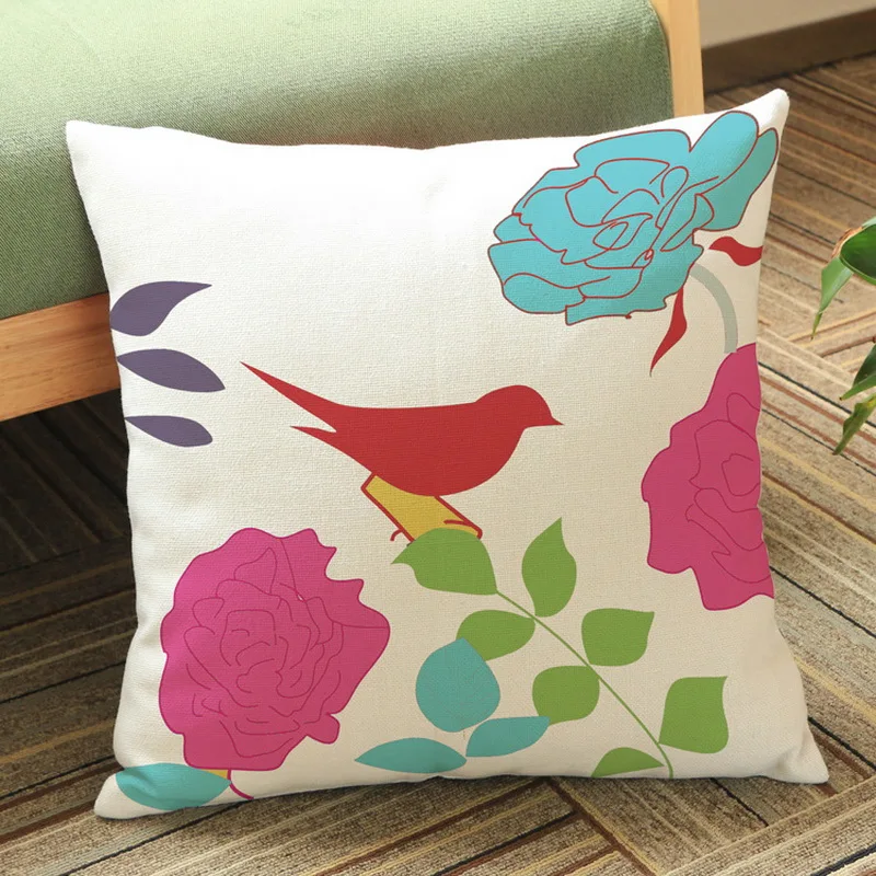 Design Modern European - style flowers and birds printing cotton and linen pillowcase office furniture cushions wholesale custom