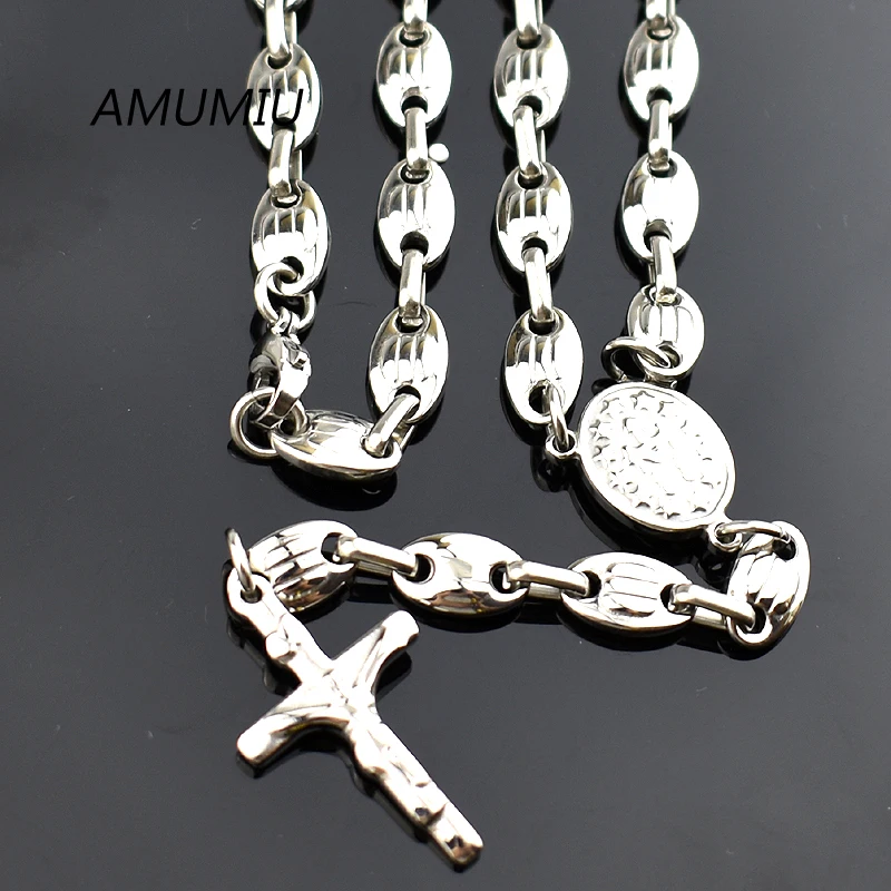 AMUMIU 6mm Christmas Religious Necklace Jewelry Catholic Stainless Steel Cross for Men Beads Rosary HN088