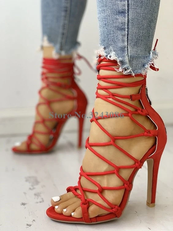 Nude Pink Black Red Cross Tied Thin High Heel Sandals Bungee Cord Ankle Strap Stiletto Heel Sandals Open Toe Lace Up Women Shoes