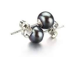 7-8mm Black Natural Cultured Freshwater Button Pearl Earring with Sterling Silver Stud