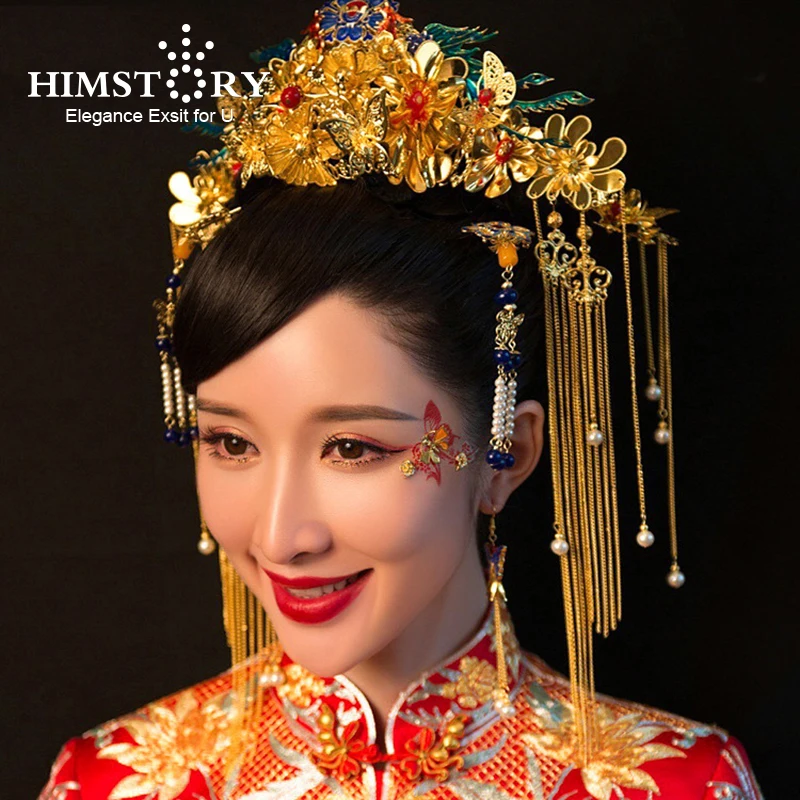 HIMSTORY Chinese Style Women Bridal Hair Decoration Wedding Headdress Tassel Headbands Earrings Phonix Crown Brides Hairwear