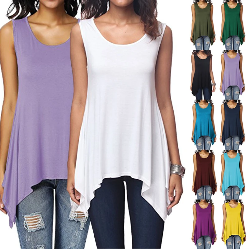 Summer Womens Sleeveless Solid Vest Irregular Casual Holiday Blouse Tops T-shirt