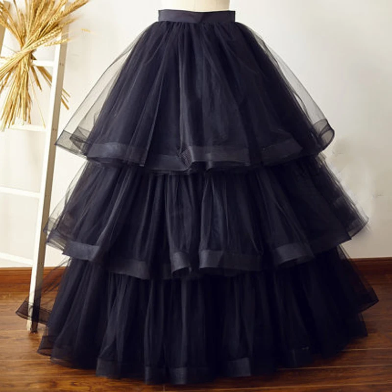 Chic Lush Nero Delle Increspature di Tulle Gonne Festa di Natale Delle Donne Gonna A File di Lunghezza Del Pavimento Lungo Femminile Maxi Pannello Esterno Della Chiusura Lampo Saias Cerniera