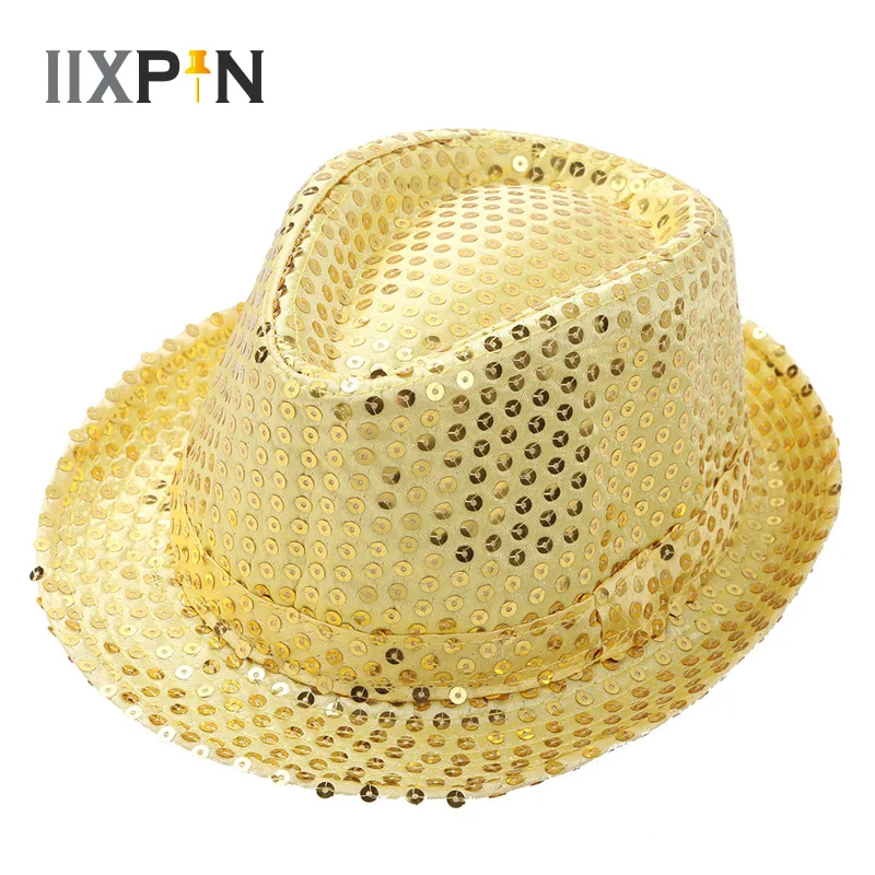 

Jazz Dance Sequins Fedora Hat Kids Boys Girls Solid Color Bling Bling Sequins Fedora Hat Cap for Party Showing Stage Performance