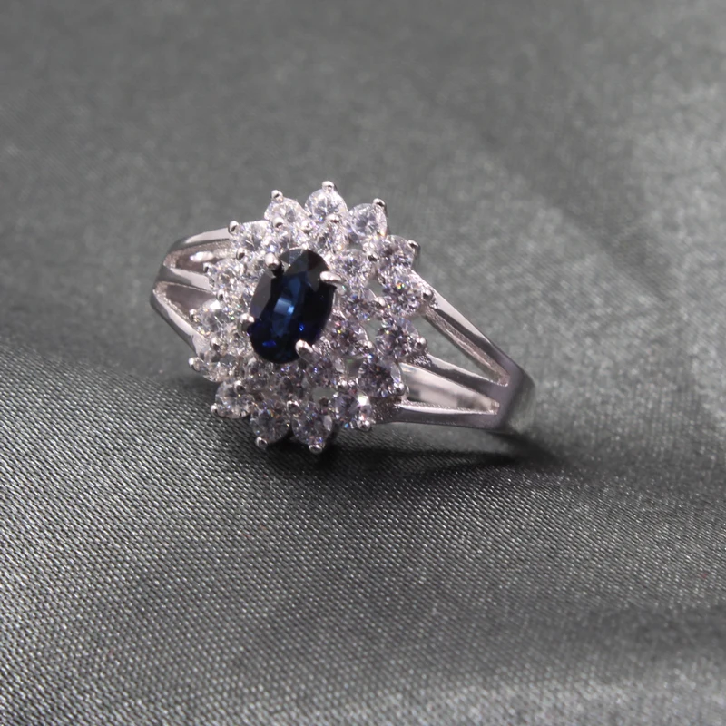 Elegant silver sapphire ring 4 mm * 6 mm genuine dark blue sapphire real 925 silver 0.5 ct sapphire wedding ring romantic gift