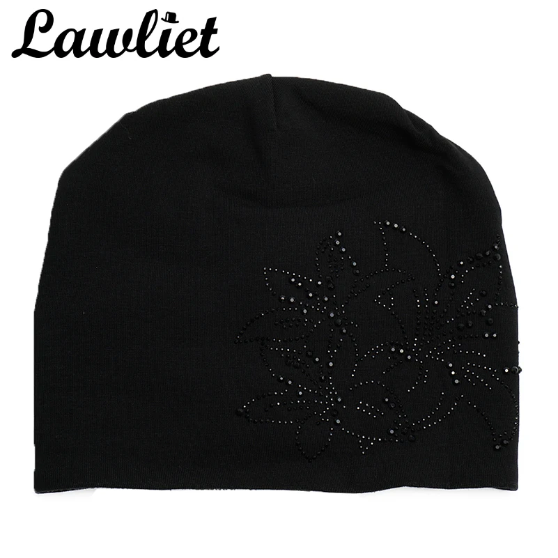 Lawliet Winter Beanies Hat Flower Diamond Knitted Hat for Women Warmer Fleece Lining Bonnet Cap Elegant Ladies Turban Hat A408