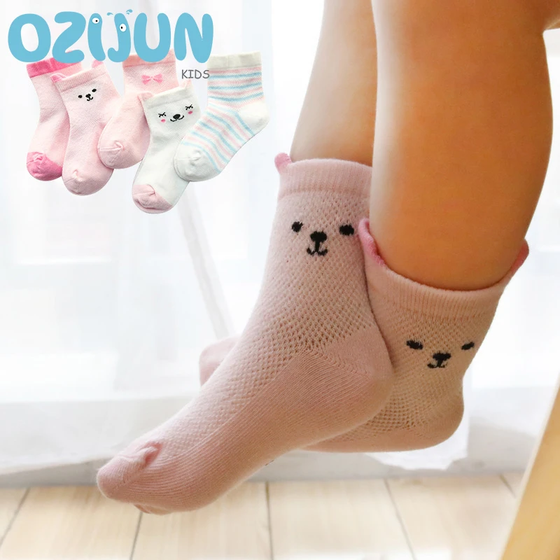 5 Pairs Summer Baby Cartoon Bear Mesh Cotton Socks Kids Boys Girls Breathable Cotton Thin Socks for Toddler 0-3 Years