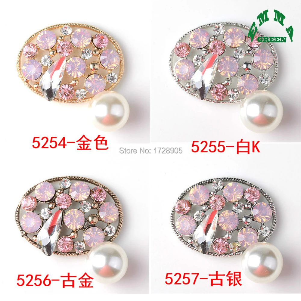Pink Crystal colorful flower with pearl decorative buttons Embellishment 5pcs 39x41mm AB glass rhinestone metal button sew on