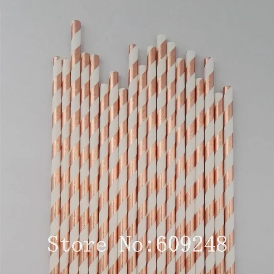 100 Pcs Rose Gold Foil Striped Paper Straws,Baby Shower Holiday Party Wedding,Metallic Rose Gold Stripe Drinking Paper Straws