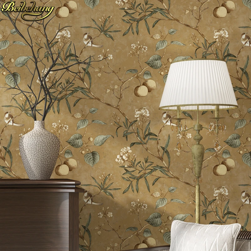 papel de parede 3d American retro apple tree flowers bird wallpaper for walls 3 d wall-paper green wall paper living room