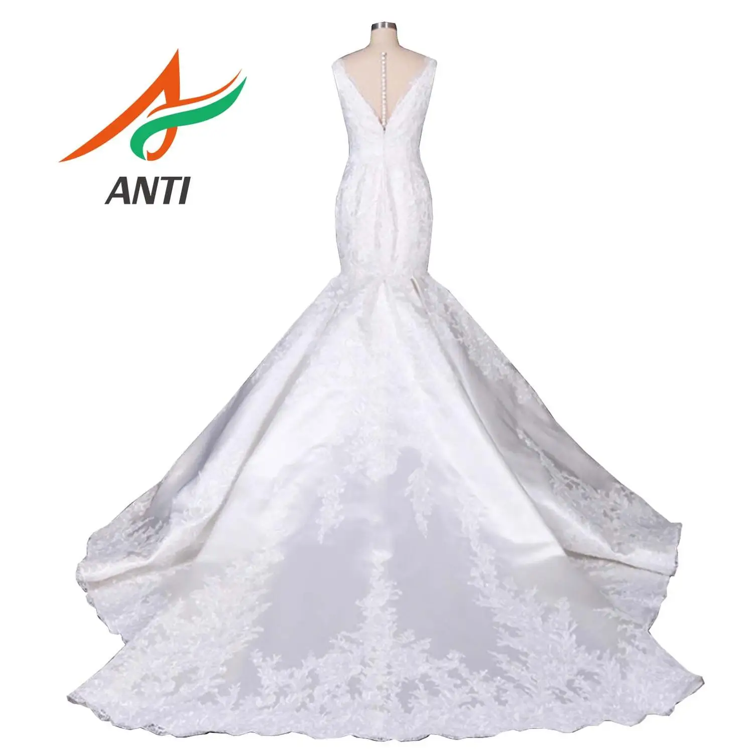 CHỐNG Nàng Tiên Cá Đầm Dự Tiệc Không Tay 2019 Vestidos de novia Vintage Phối Ren Satin Cổ V Cô Dâu Hở Lưng Áo Cưới gelinlik