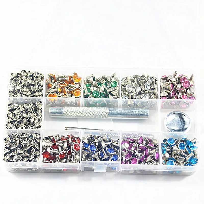 400pcs 8colors Double Cap Punk Diamond Spikes Rivet/Rhinestone Studs Decor Rivets for Leather/Belt/Handbag/Jeans DIY+Fixing Tool