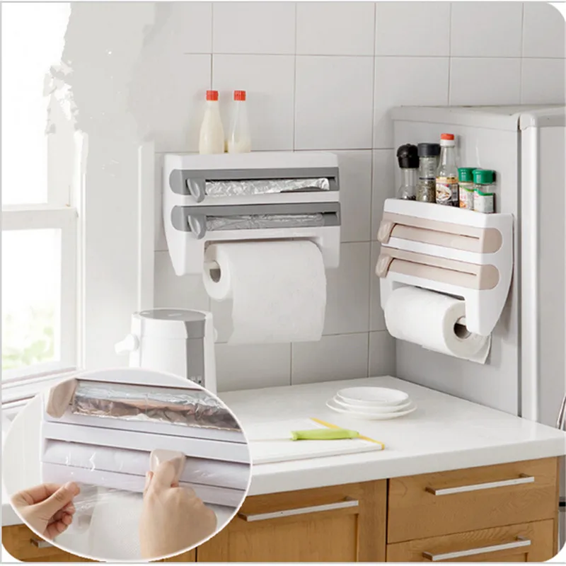 

New Arrival kitchen Cling film Storage Rack with slicer cutter aluminum foil toilet paper holder wall shelf kitchen accessories